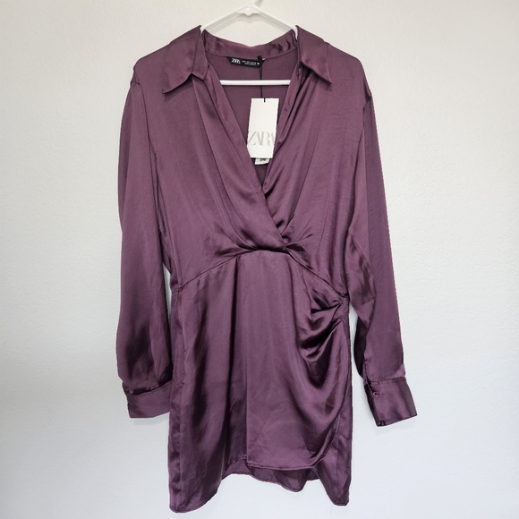 NWT Zara | Satin Ruched Shirt Dress Silky Eggplant Womens Large - Picture 3 of 9